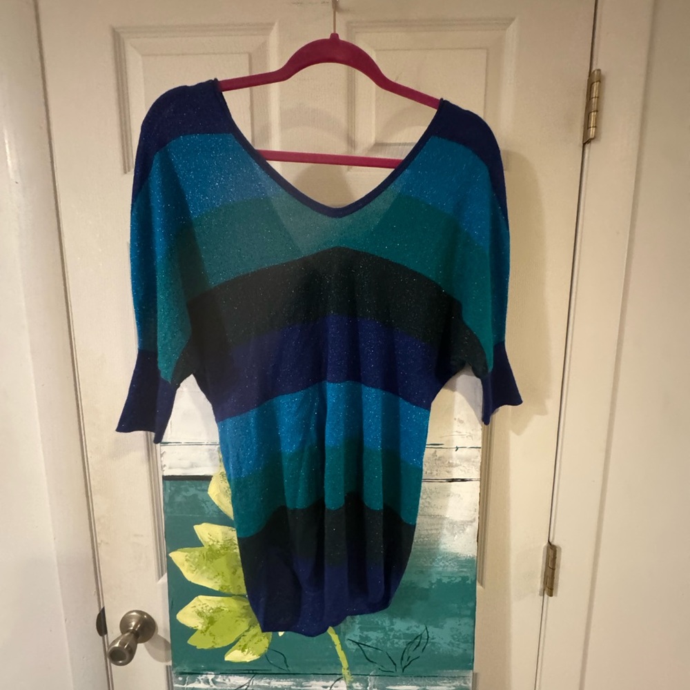 Express Teal and Navy sparkle  V-Neck Top with back button detail.
